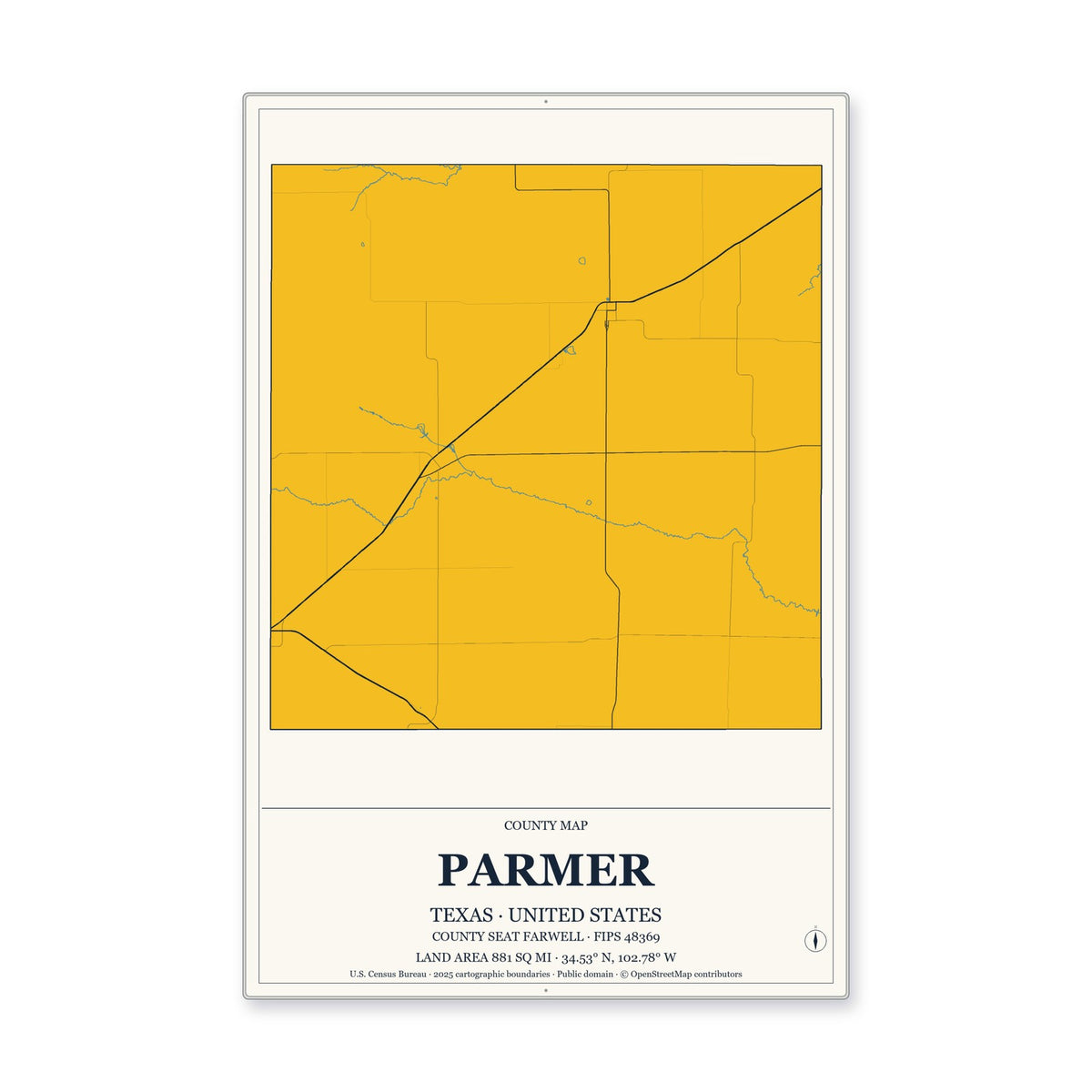 Parmer County, Texas Map Aluminum Sign in Citrine Modern style