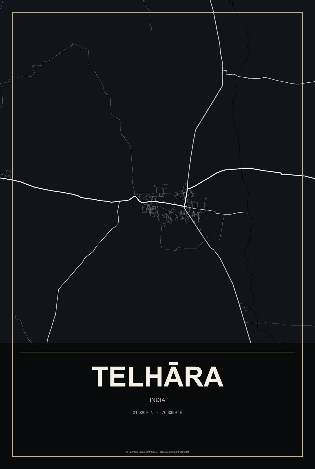 Telhāra, India City Map Aluminum Sign in Metropolitan Noir style