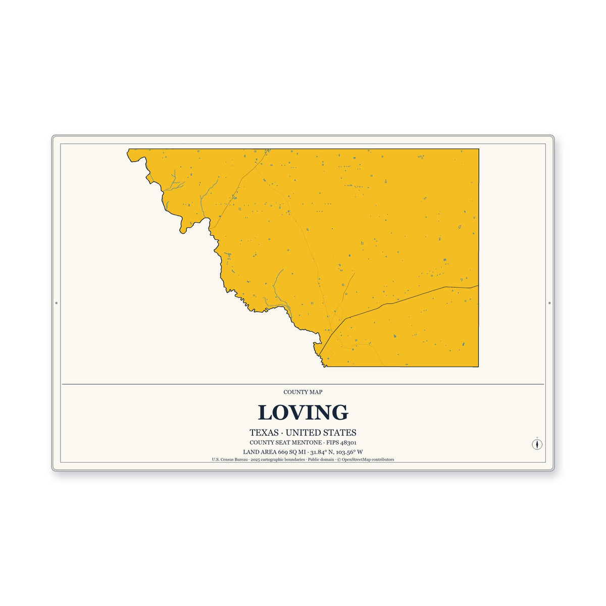 Loving County, Texas Map Aluminum Sign in Citrine Modern style