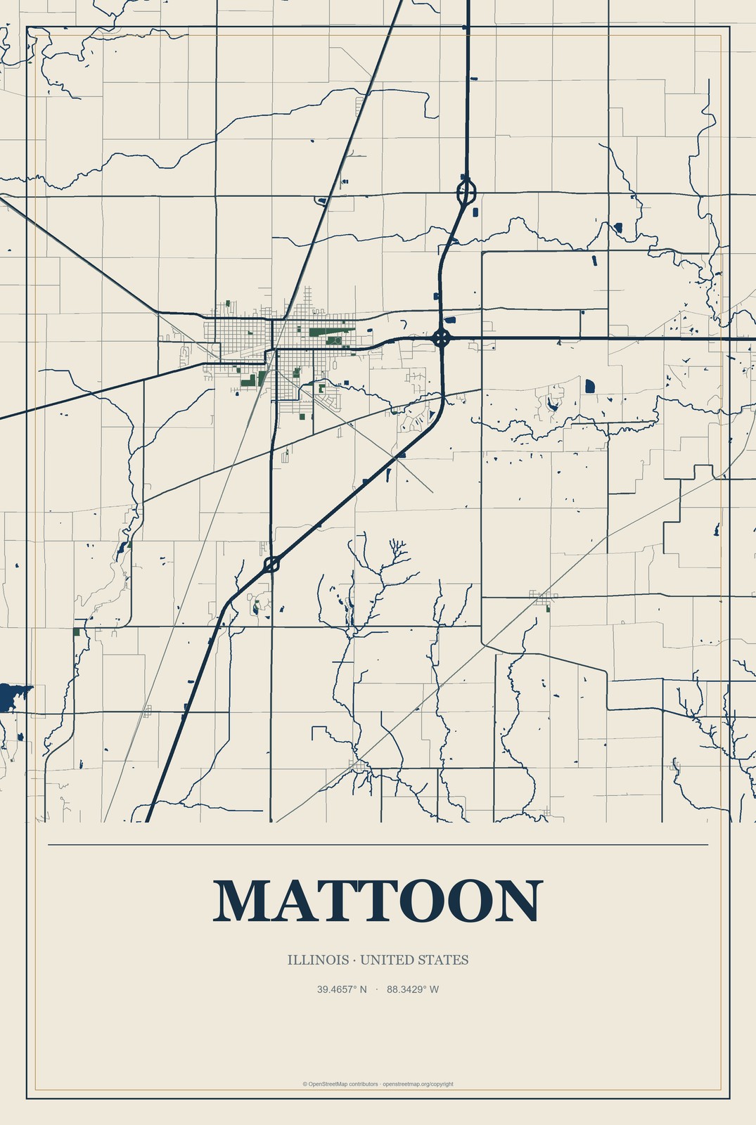 Mattoon, Illinois City Map Aluminum Sign in Coastal Cutout style