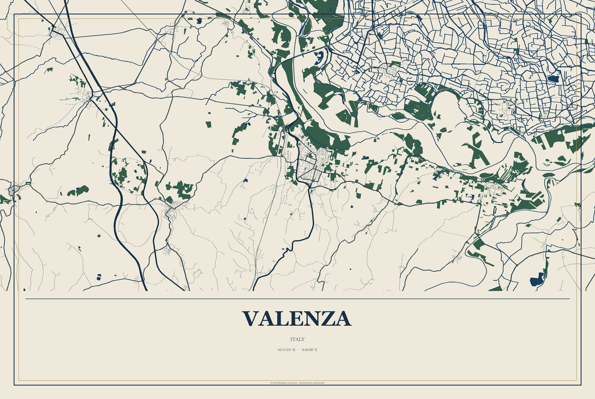 Valenza, Italy City Map Aluminum Sign in Coastal Cutout style