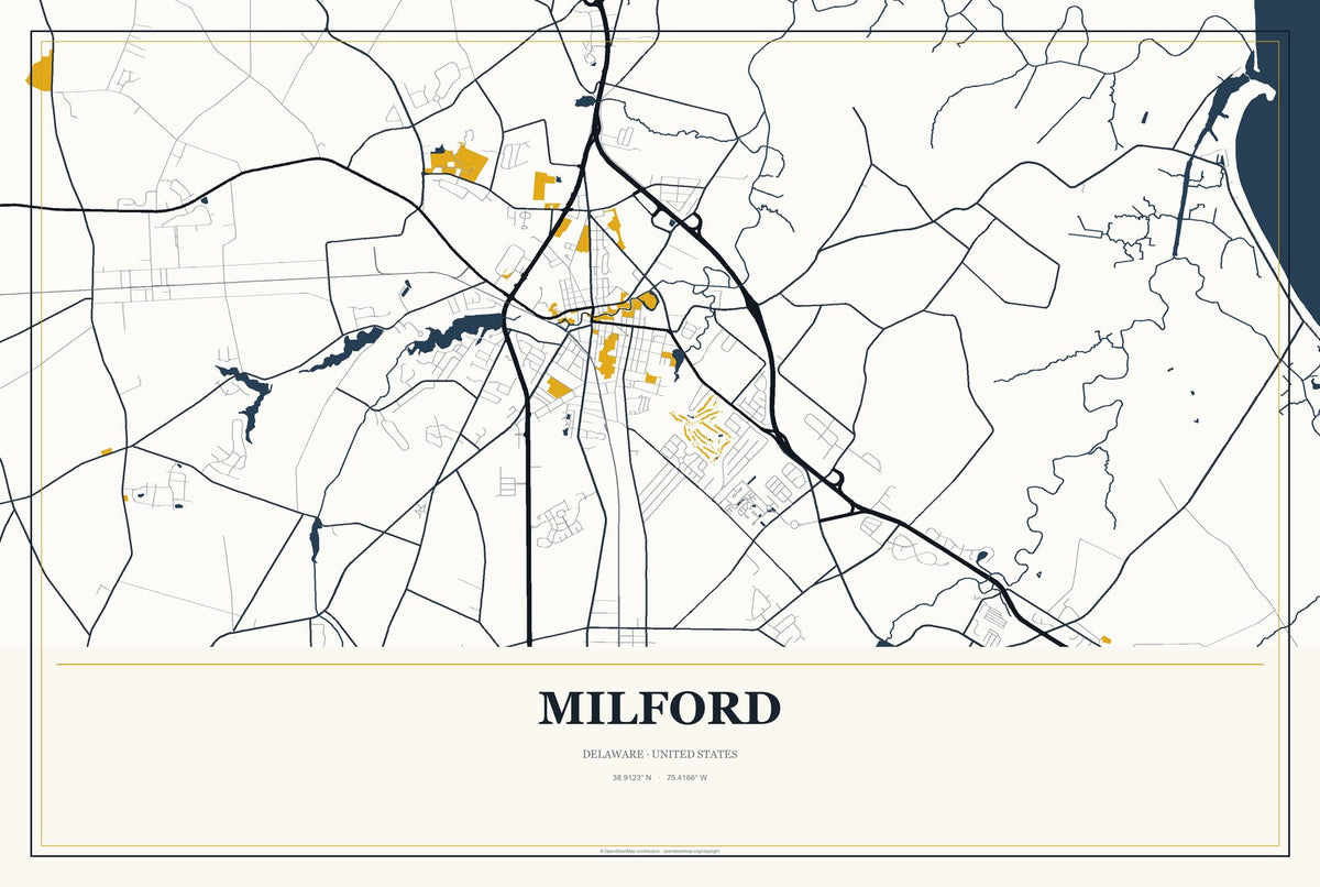 Milford, Delaware City Map Aluminum Sign in Citrine Modern style