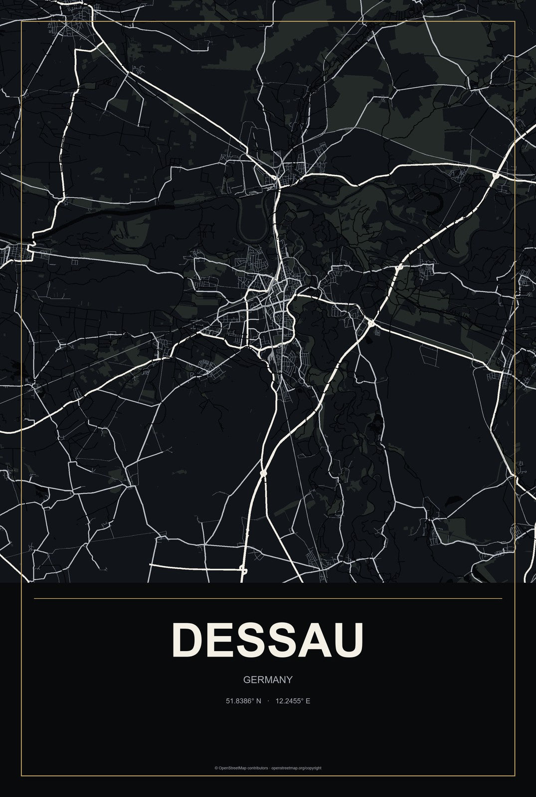 Dessau, Germany City Map Aluminum Sign in Metropolitan Noir style
