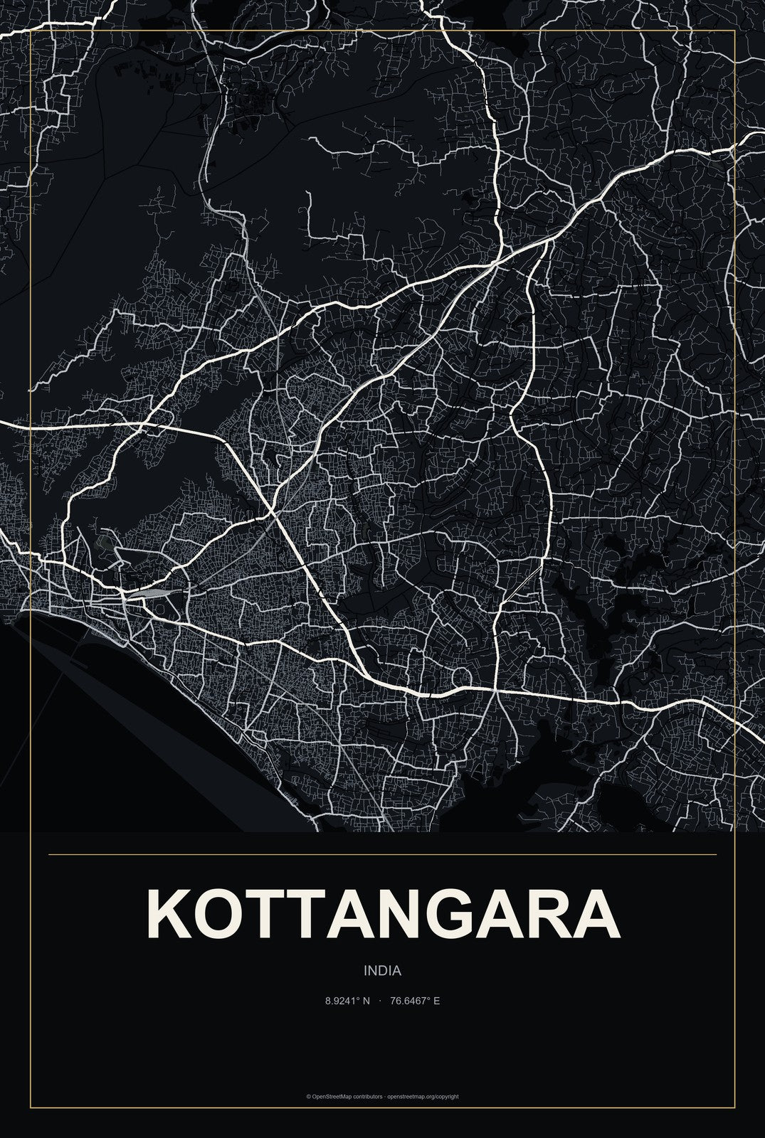 Kottangara, India City Map Aluminum Sign in Metropolitan Noir style
