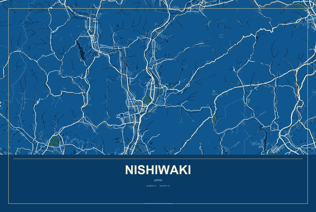 Nishiwaki, Japan City Map Aluminum Sign in Harbor Cobalt style