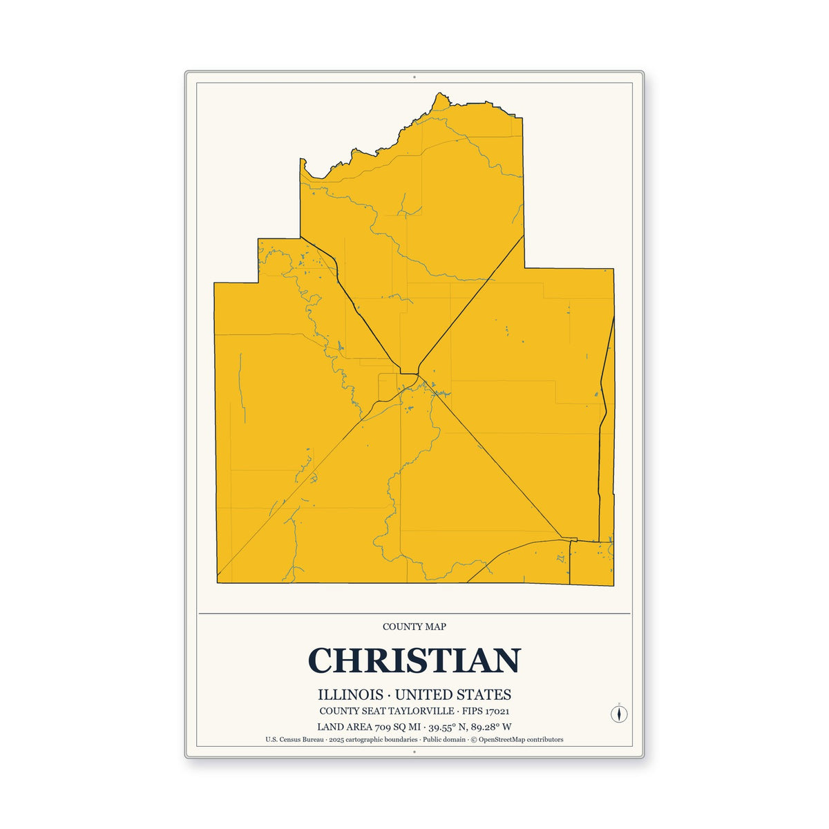 Christian County, Illinois Map Aluminum Sign in Citrine Modern style