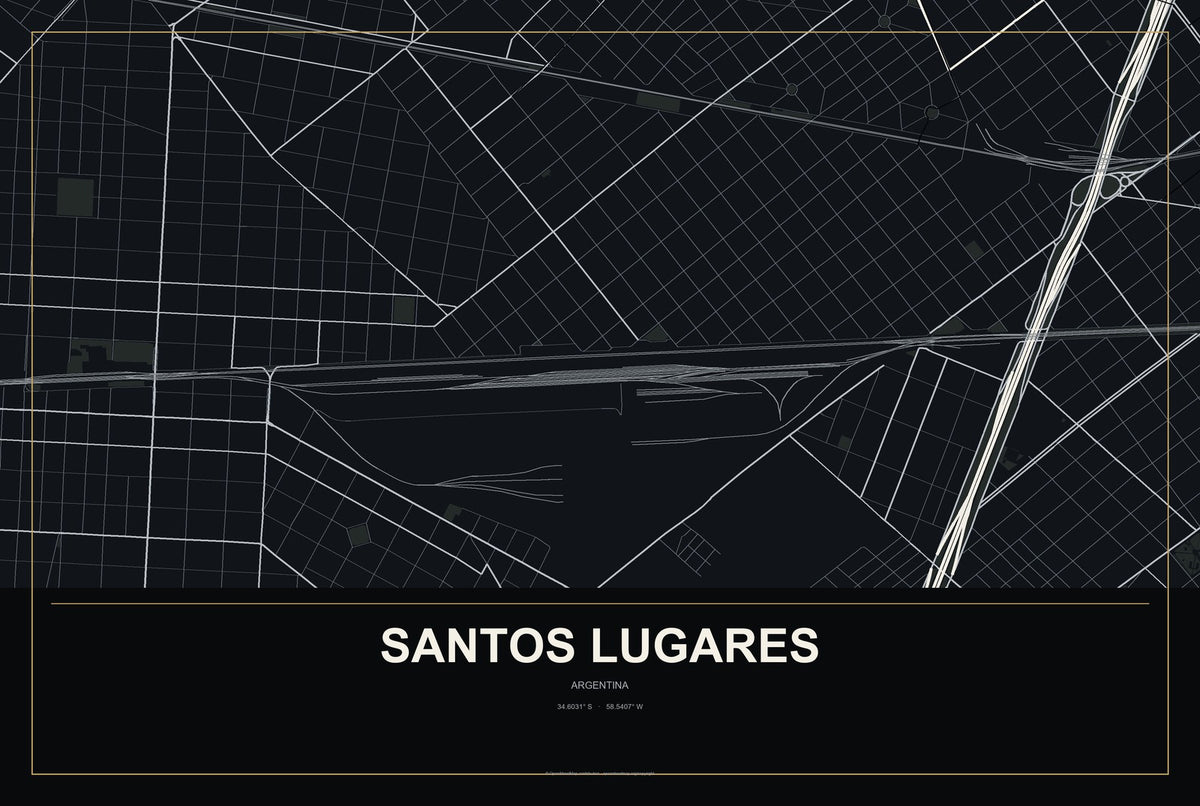 Santos Lugares, Argentina City Map Aluminum Sign in Metropolitan Noir style