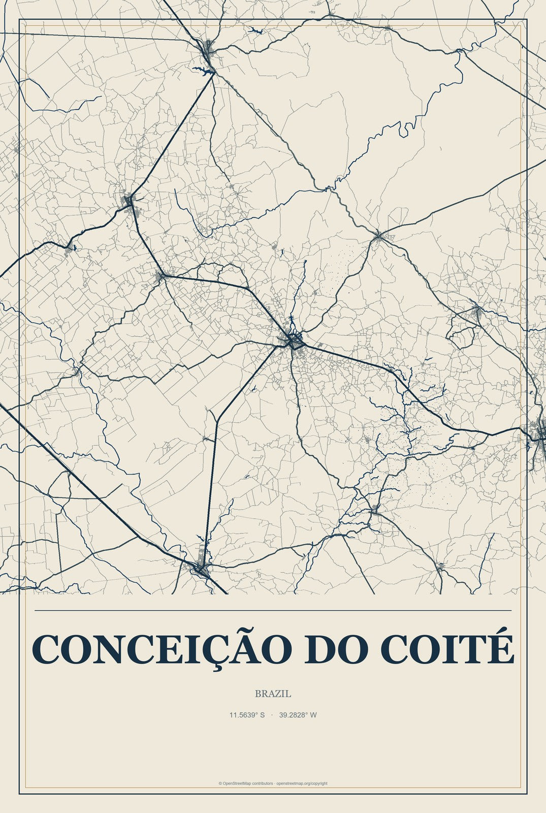 Conceição do Coité, Brazil City Map Aluminum Sign in Coastal Cutout style