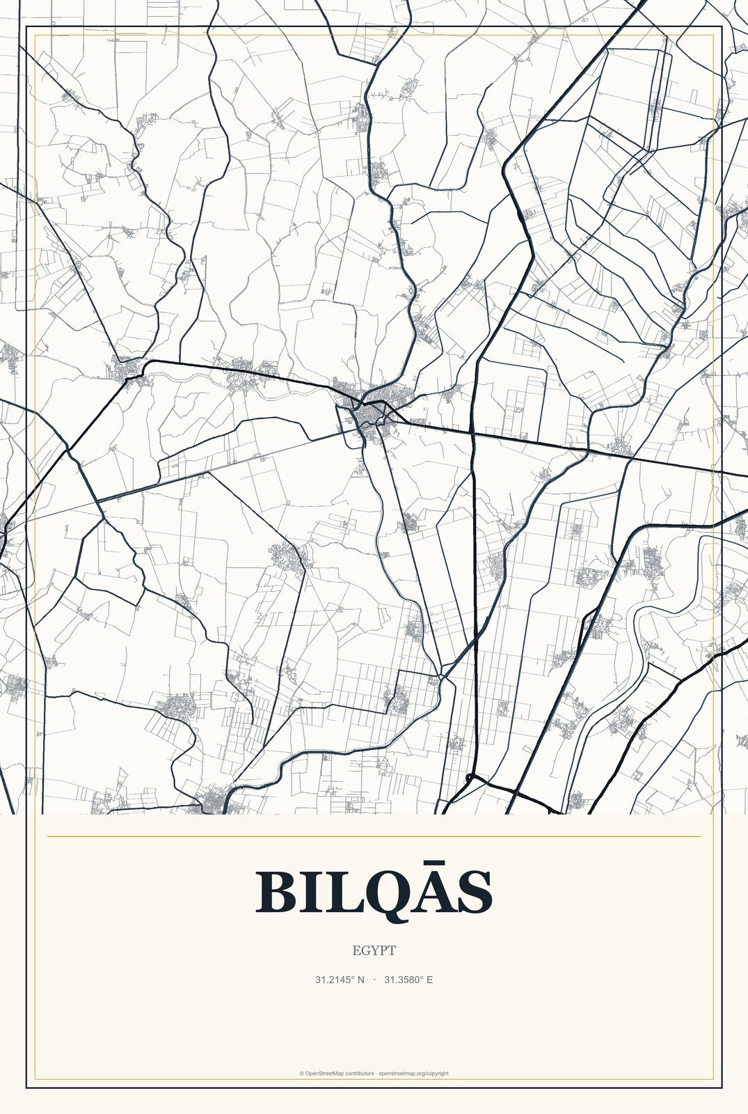 Bilqās, Egypt City Map Aluminum Sign in Citrine Modern style