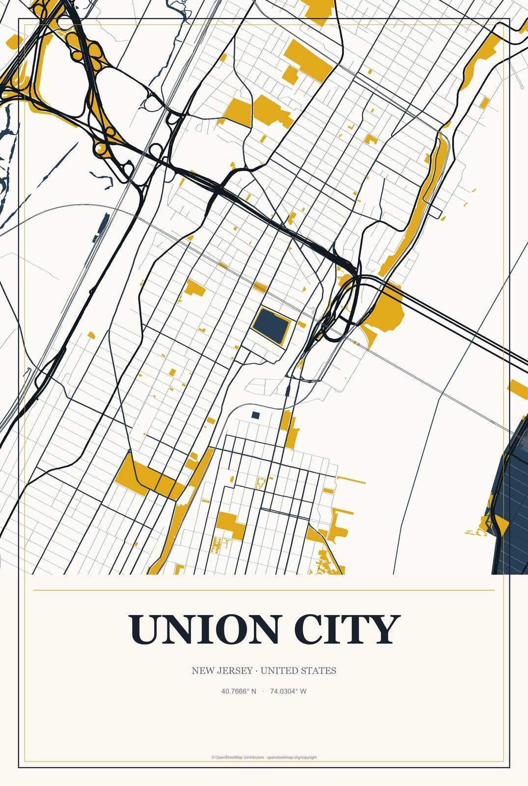 Union City, New Jersey City Map Aluminum Sign in Citrine Modern style
