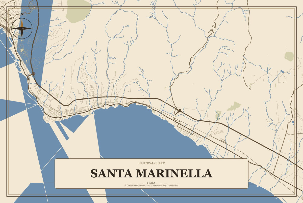 Santa Marinella, Italy City Map Aluminum Sign in Heritage Nautical style