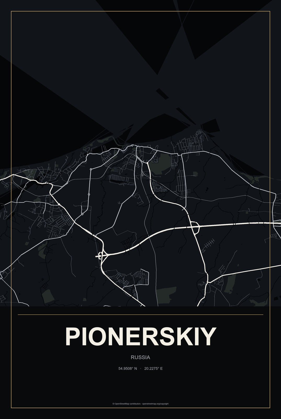 Pionerskiy, Russia City Map Aluminum Sign in Metropolitan Noir style
