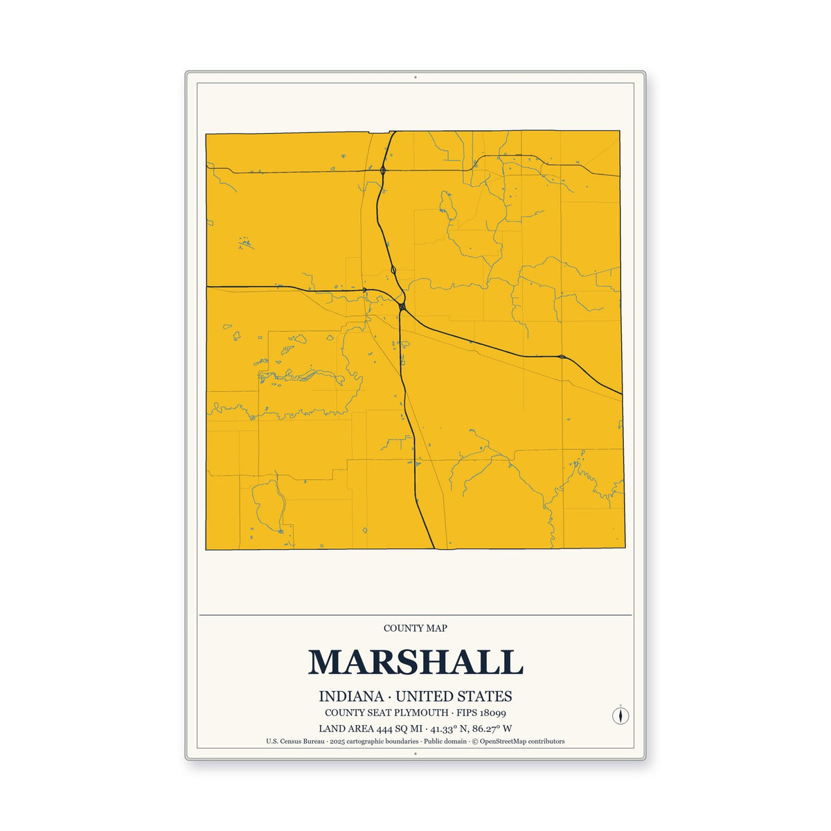 Marshall County, Indiana Map Aluminum Sign in Citrine Modern style