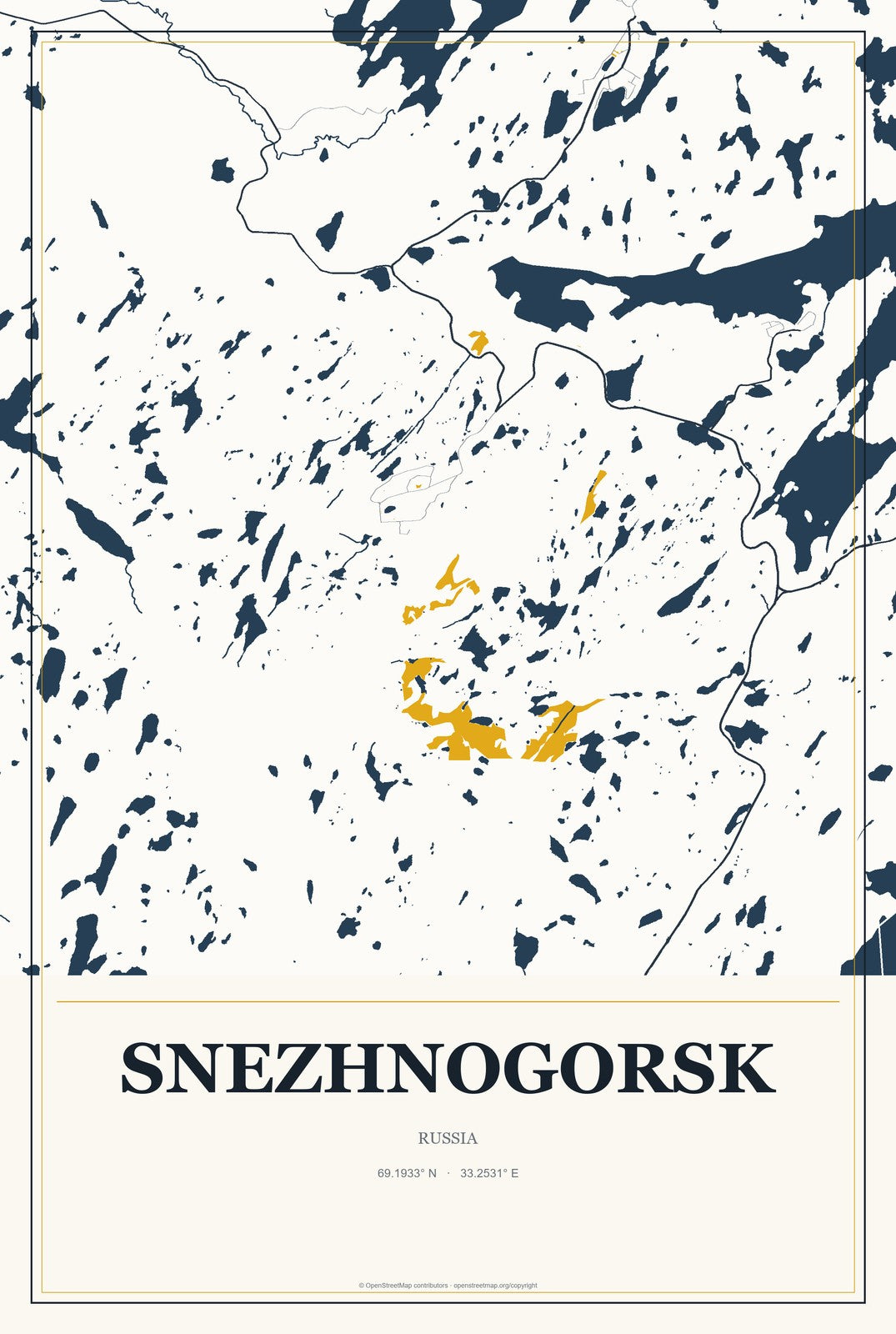 Snezhnogorsk, Russia City Map Aluminum Sign in Citrine Modern style