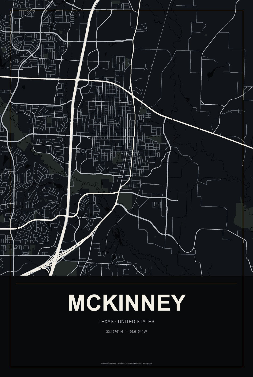 McKinney, Texas City Map Aluminum Sign in Metropolitan Noir style