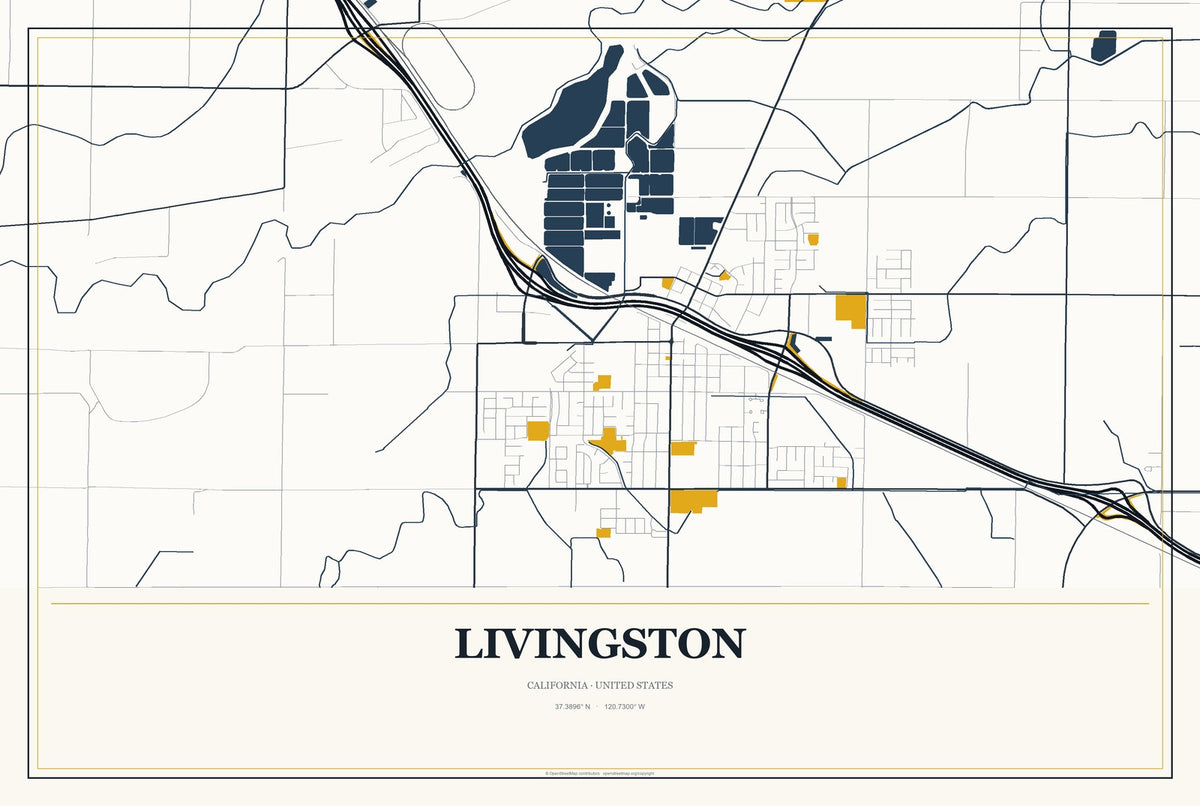 Livingston, California City Map Aluminum Sign in Citrine Modern style