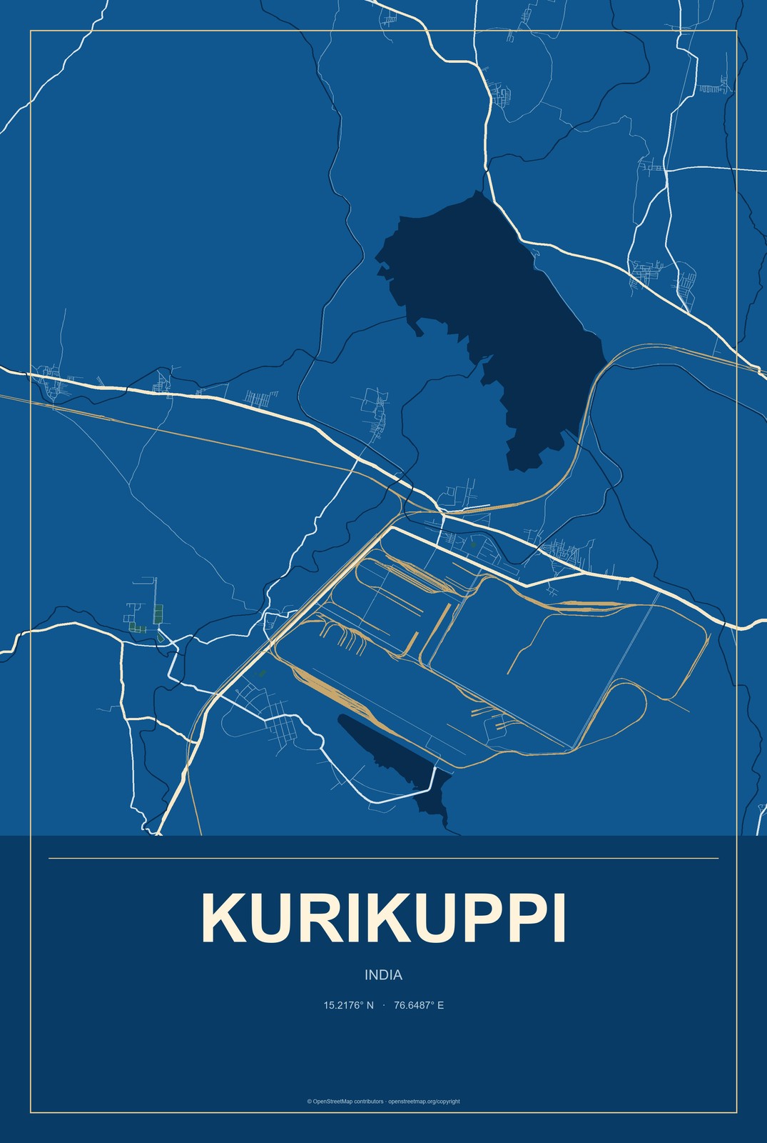 Kurikuppi, India City Map Aluminum Sign in Harbor Cobalt style