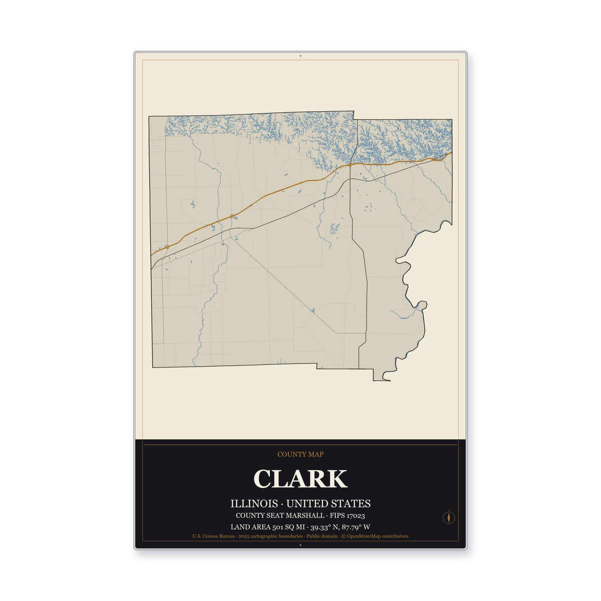 Clark County, Illinois Map Aluminum Sign in Museum Plaque style