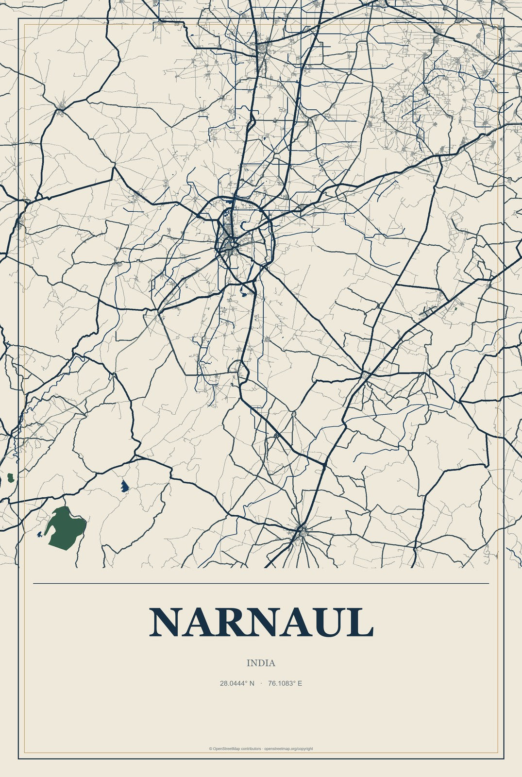 Narnaul, India City Map Aluminum Sign in Coastal Cutout style