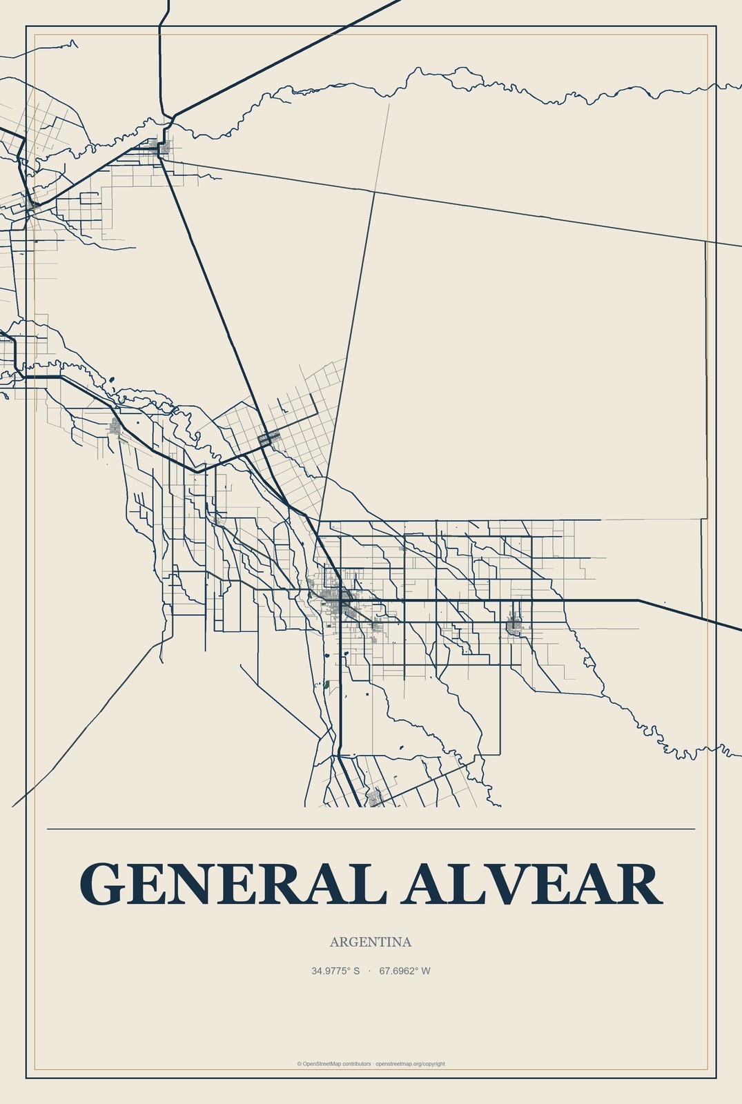 General Alvear, Argentina City Map Aluminum Sign in Coastal Cutout style