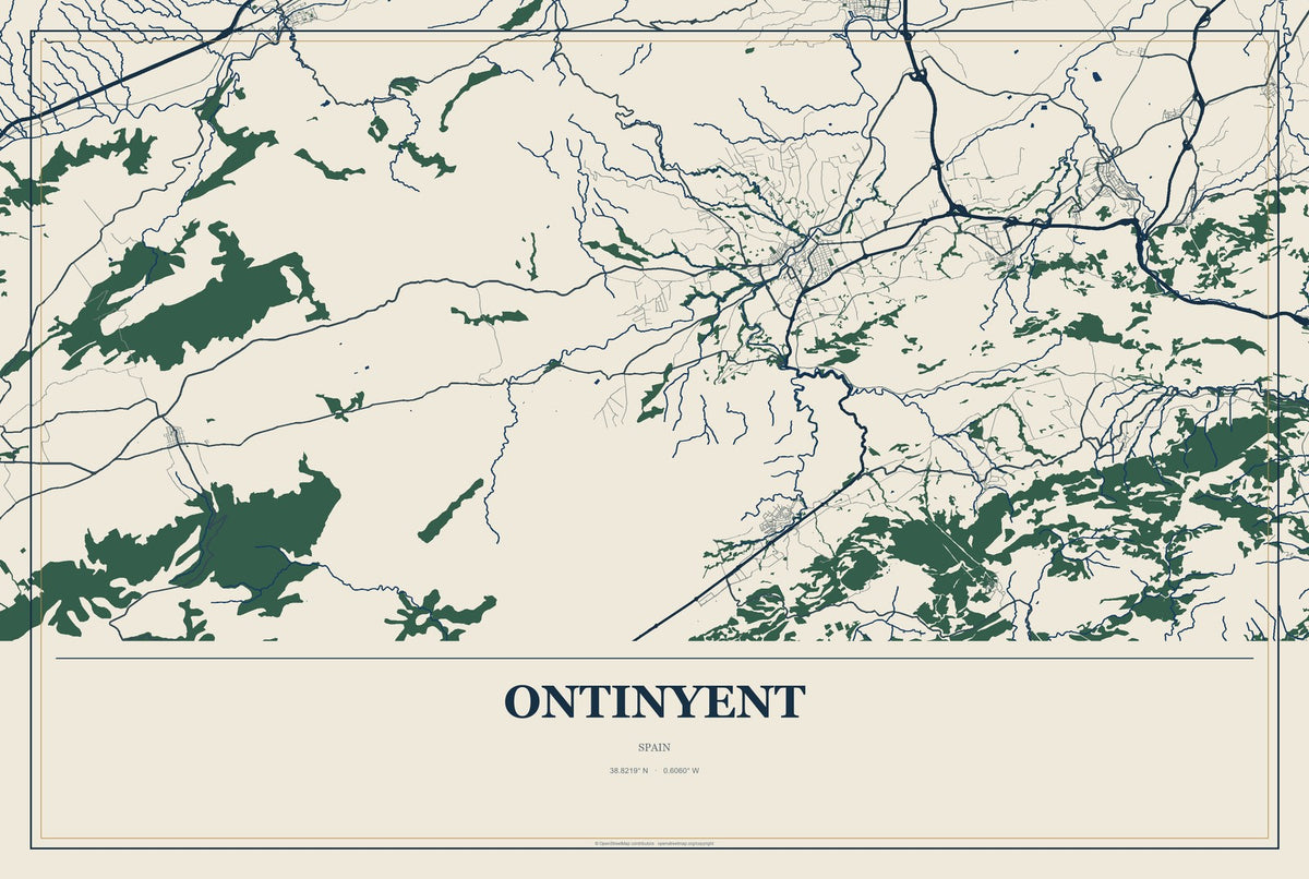Ontinyent, Spain City Map Aluminum Sign in Coastal Cutout style