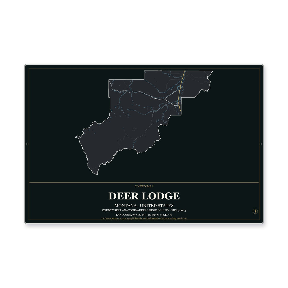 Deer Lodge County, Montana Map Aluminum Sign in Metropolitan Noir style