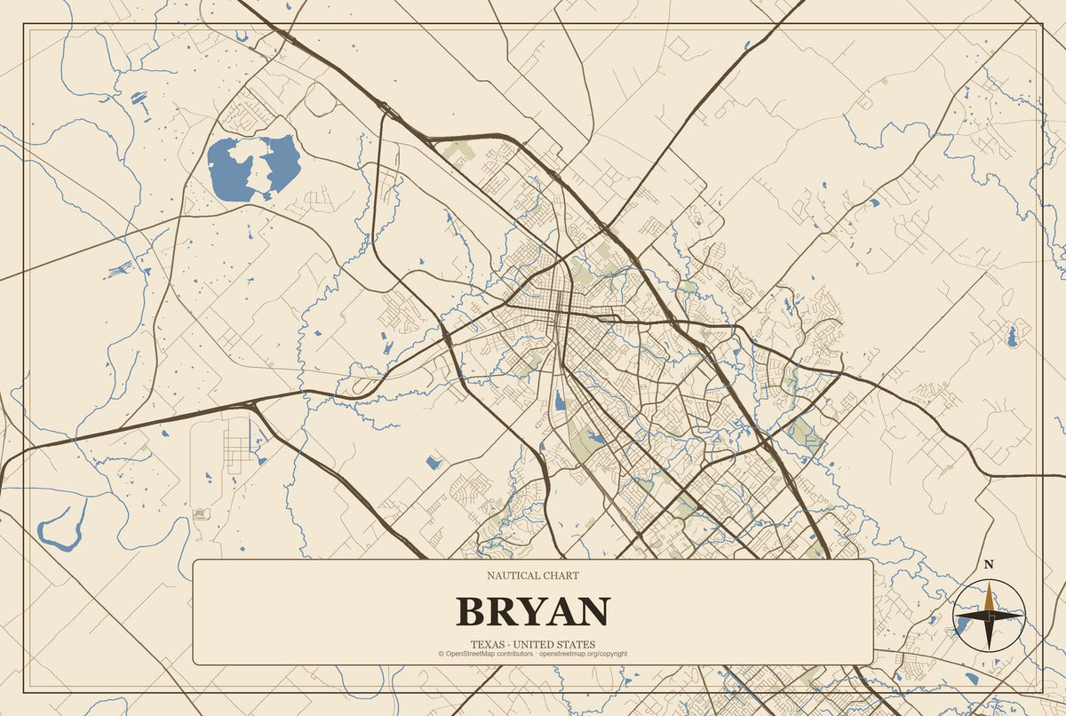 Bryan, Texas City Map Aluminum Sign in Heritage Nautical style