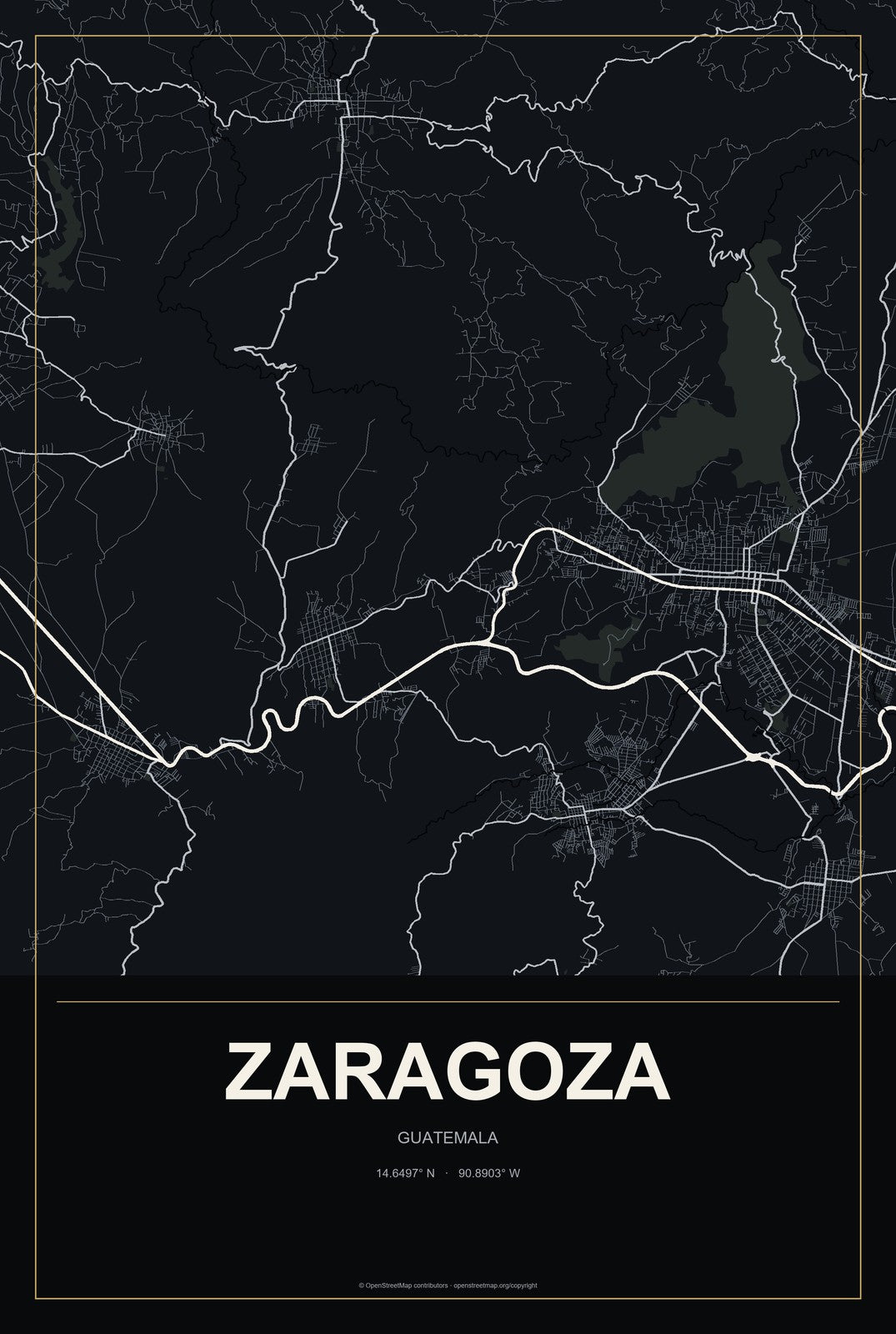 Zaragoza, Guatemala City Map Aluminum Sign in Metropolitan Noir style