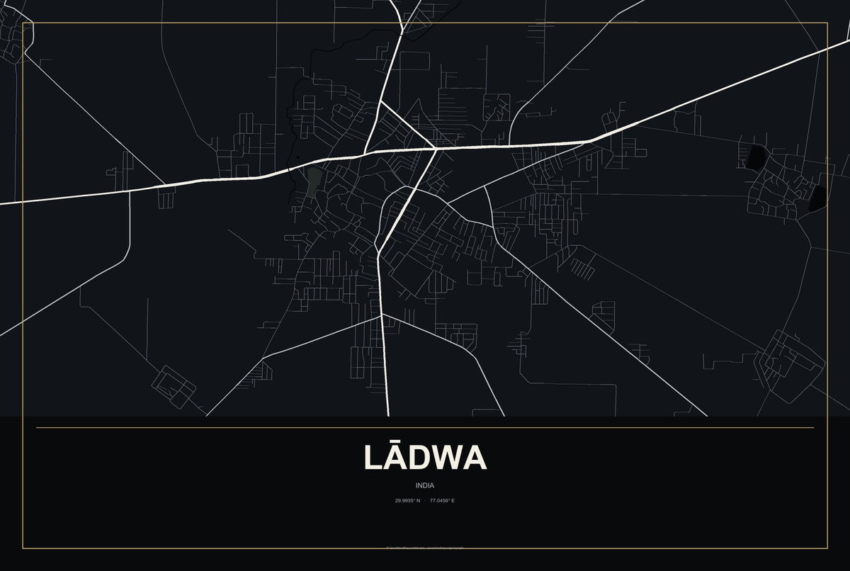 Lādwa, India City Map Aluminum Sign in Metropolitan Noir style