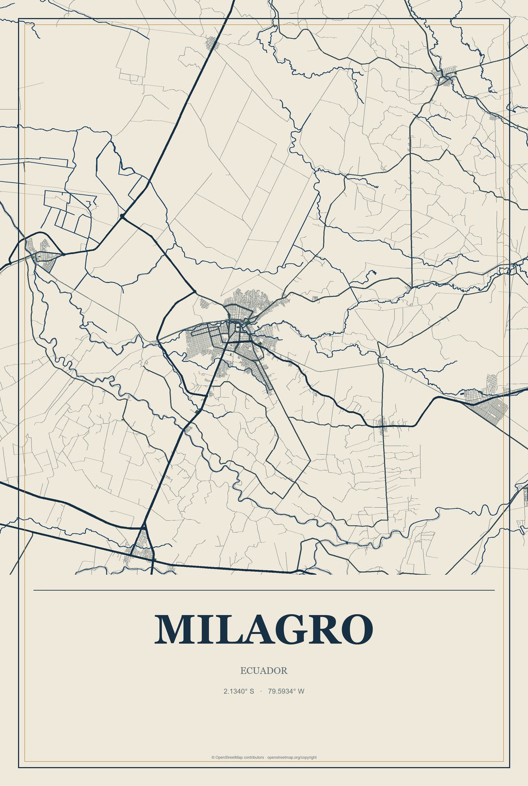 Milagro, Ecuador City Map Aluminum Sign in Coastal Cutout style
