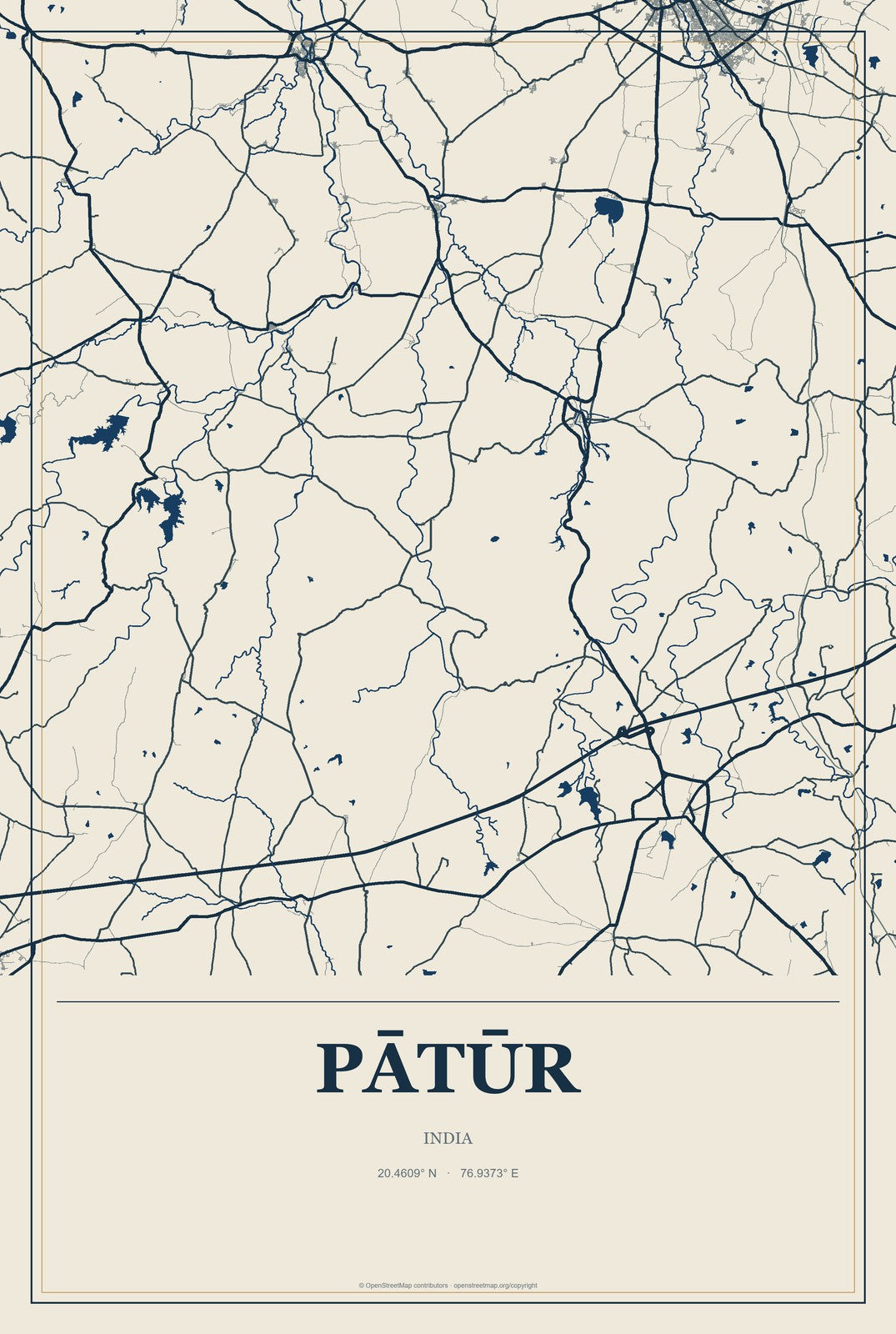 Pātūr, India City Map Aluminum Sign in Coastal Cutout style