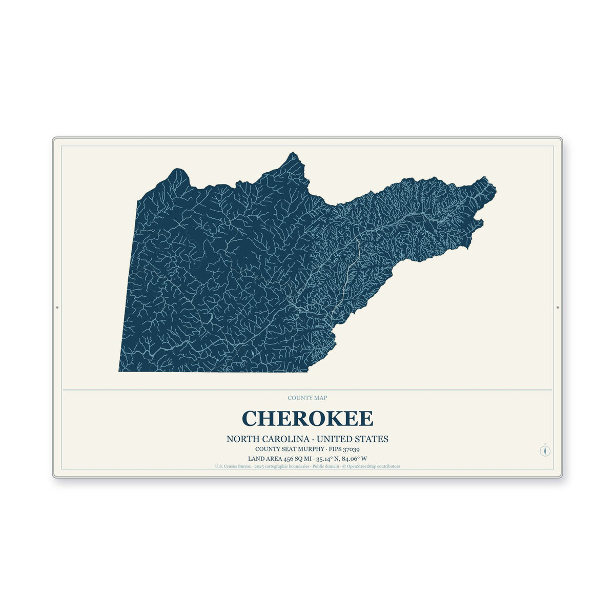 Cherokee County, North Carolina Map Aluminum Sign in Coastal Cutout style