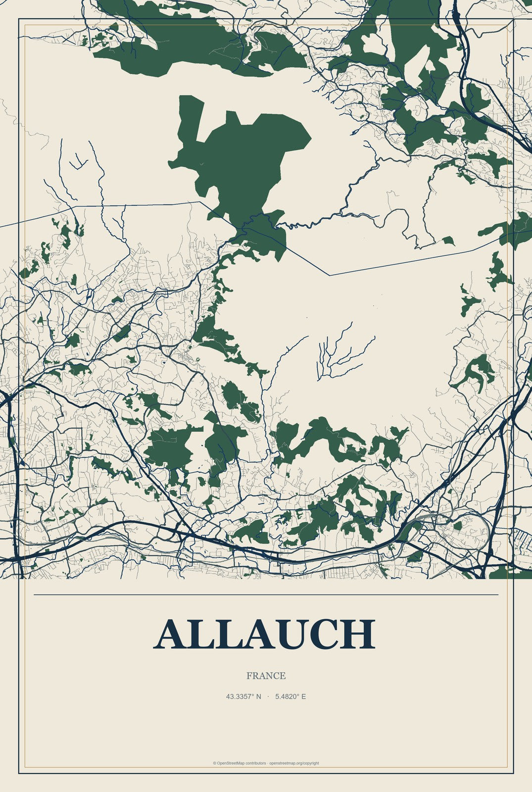 Allauch, France City Map Aluminum Sign in Coastal Cutout style