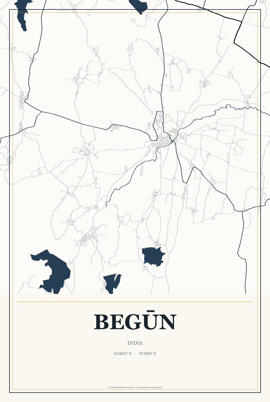 Begūn, India City Map Aluminum Sign in Citrine Modern style