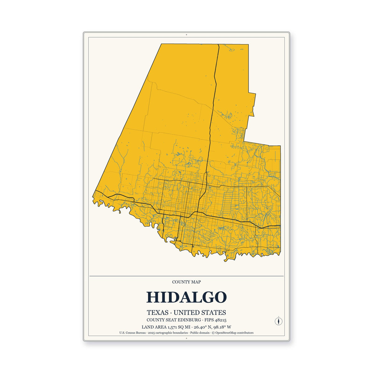 Hidalgo County, Texas Map Aluminum Sign in Citrine Modern style