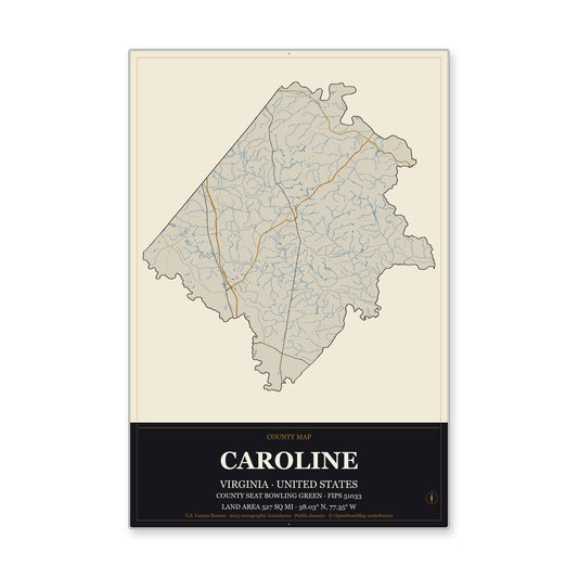 Caroline County, Virginia Map Aluminum Sign in Museum Plaque style