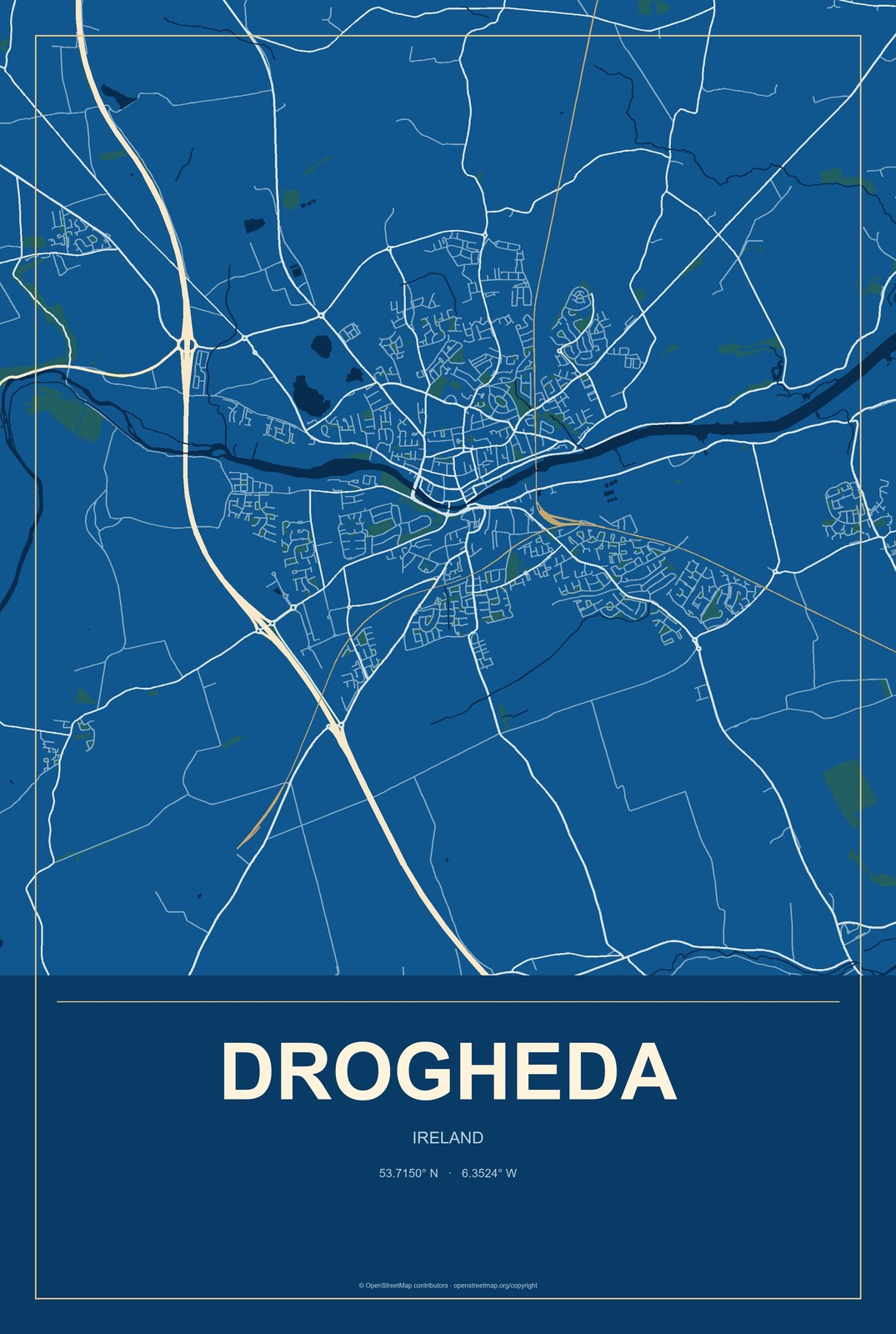 Drogheda, Ireland City Map Aluminum Sign in Harbor Cobalt style