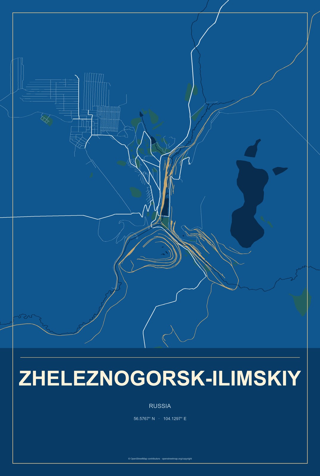 Zheleznogorsk-Ilimskiy, Russia City Map Aluminum Sign in Harbor Cobalt style