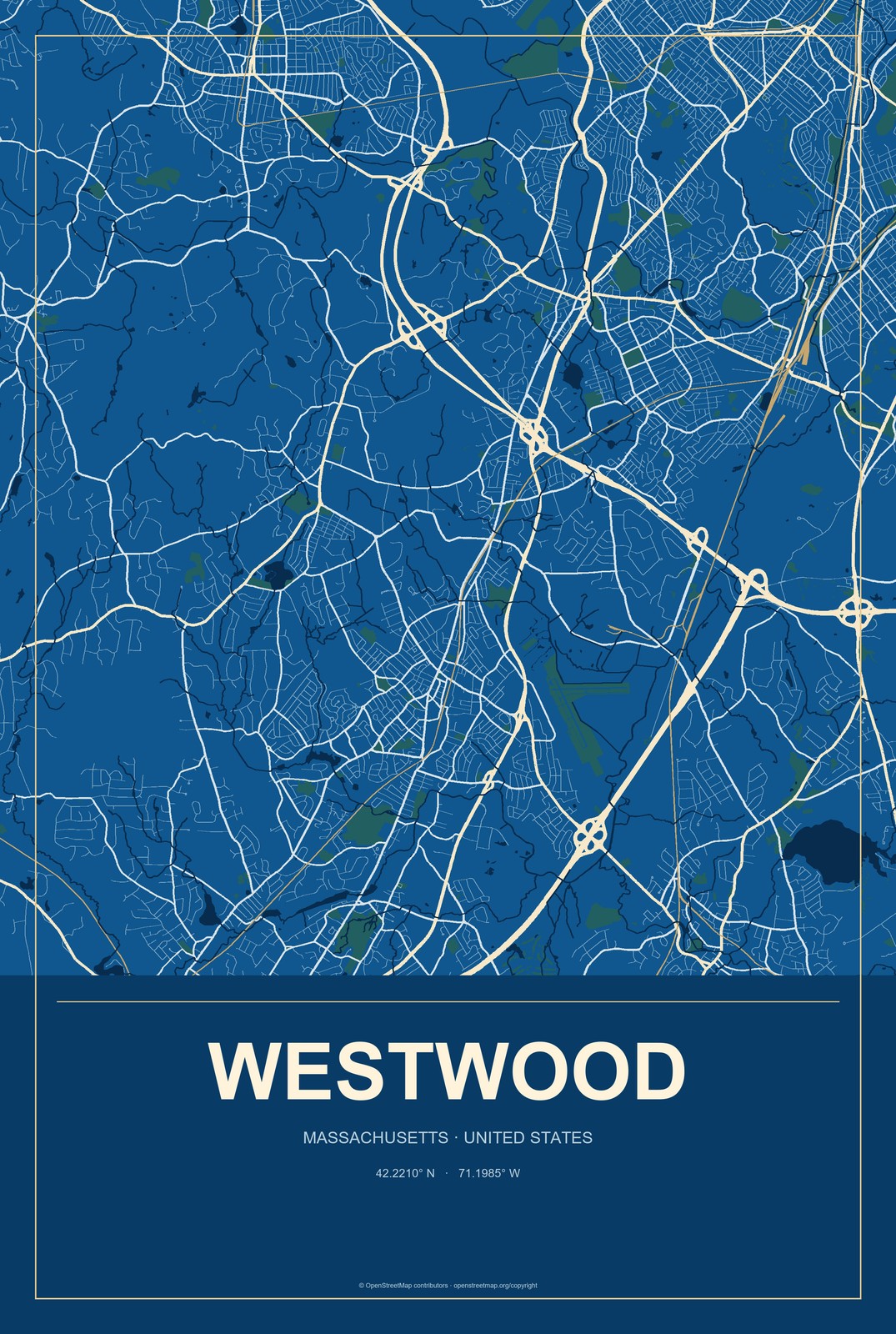 Westwood, Massachusetts City Map Aluminum Sign in Harbor Cobalt style