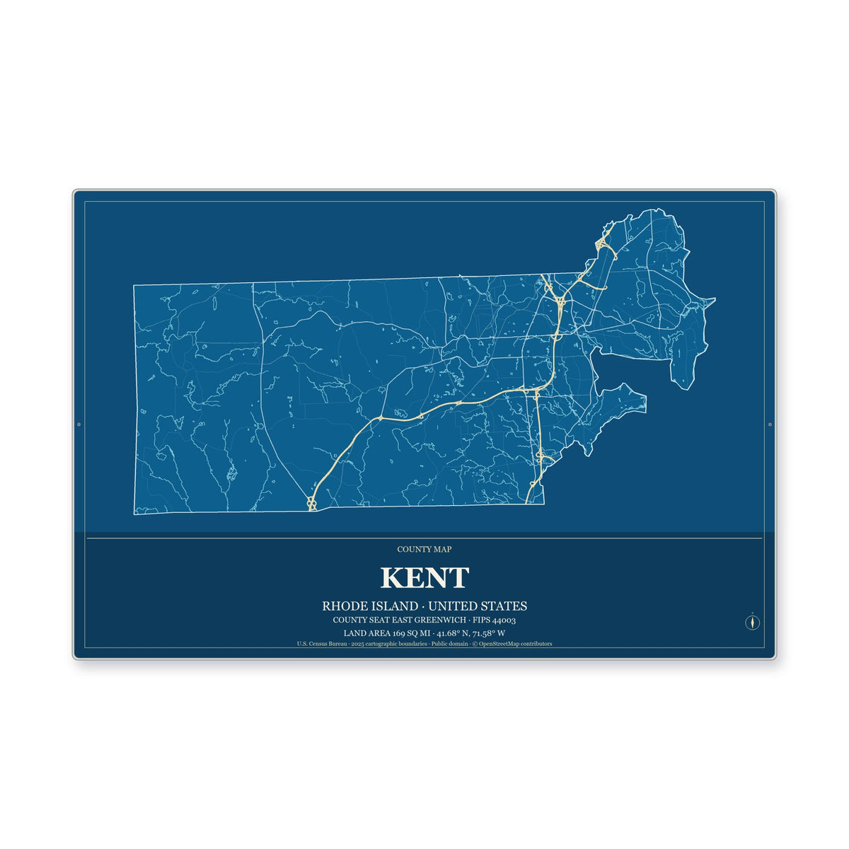 Kent County, Rhode Island Map Aluminum Sign in Harbor Cobalt style
