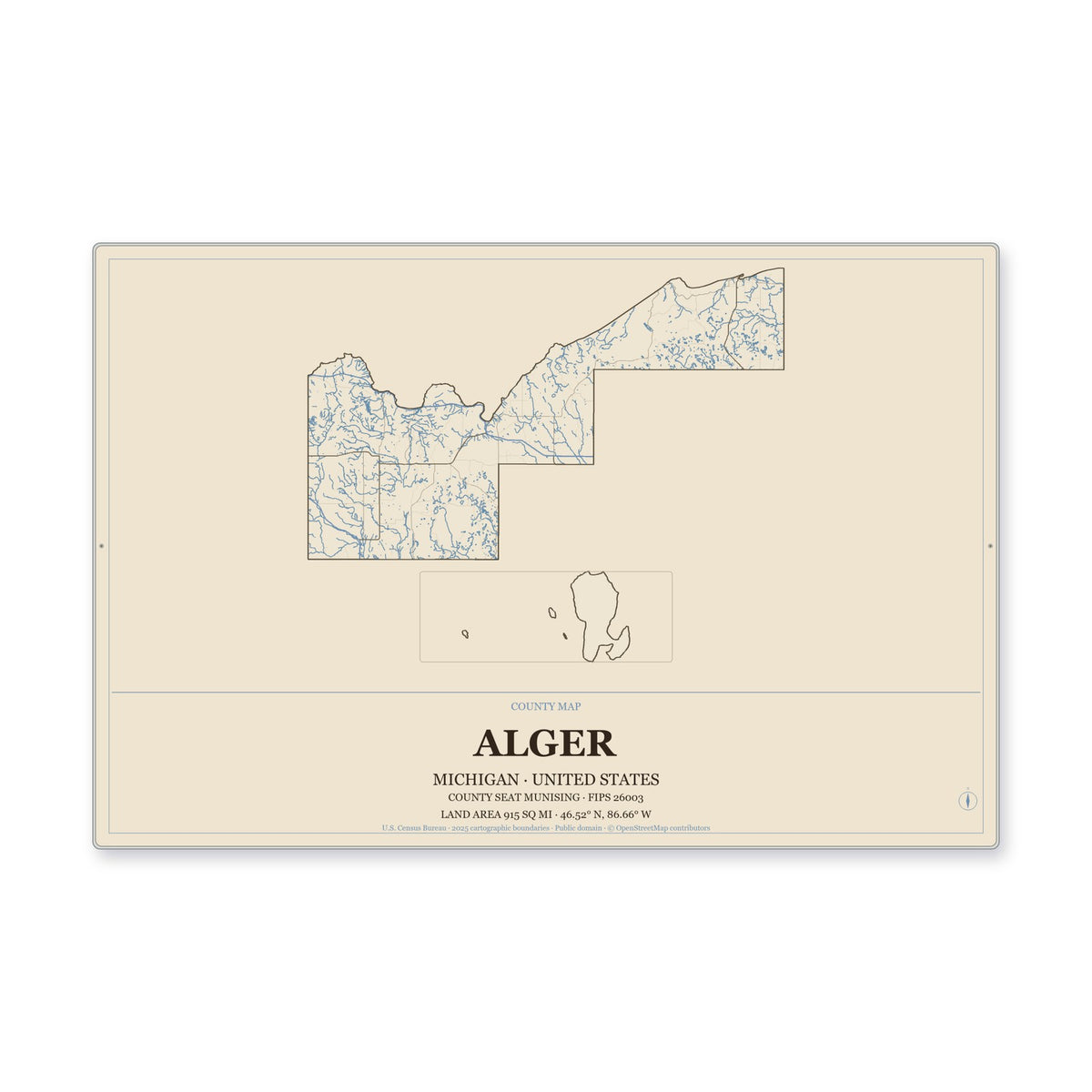 Alger County, Michigan Map Aluminum Sign in Heritage Nautical style