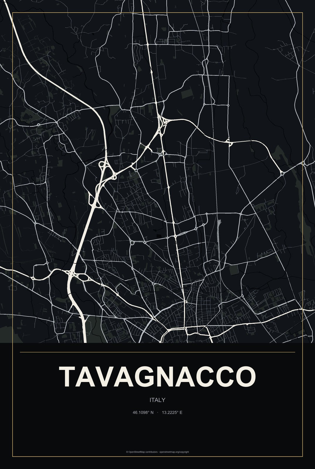 Tavagnacco, Italy City Map Aluminum Sign in Metropolitan Noir style