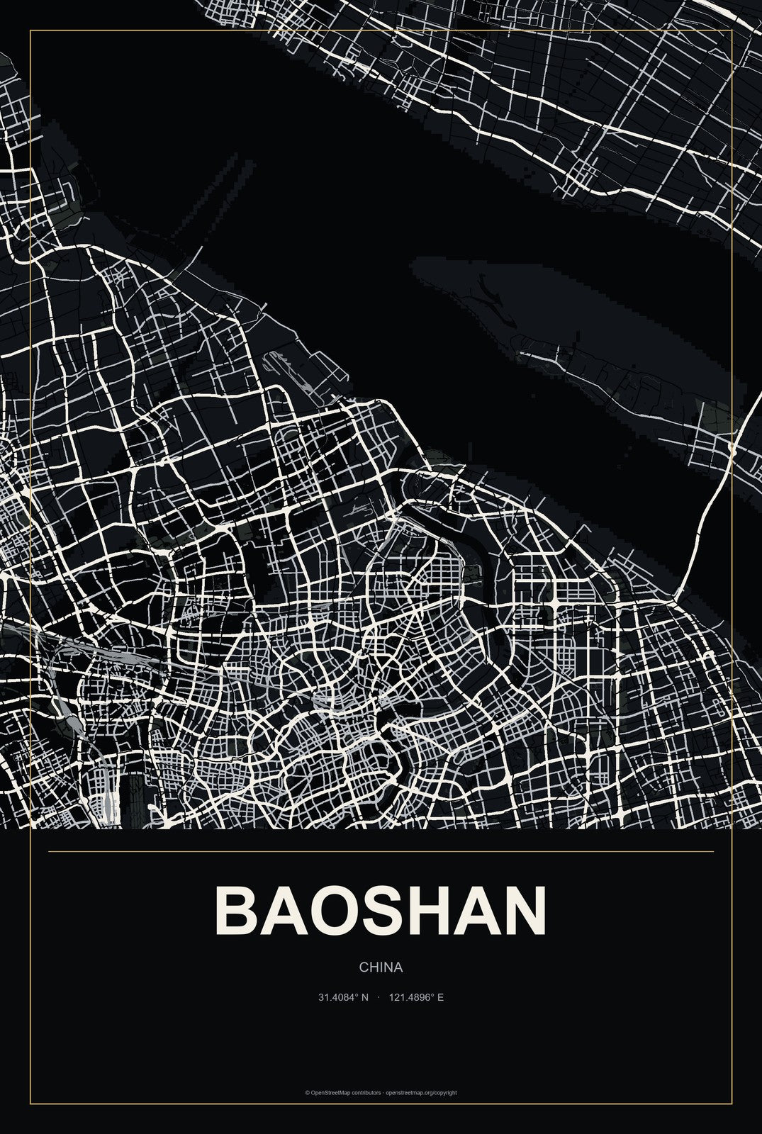 Baoshan, Shanghai, China City Map Aluminum Sign in Metropolitan Noir style