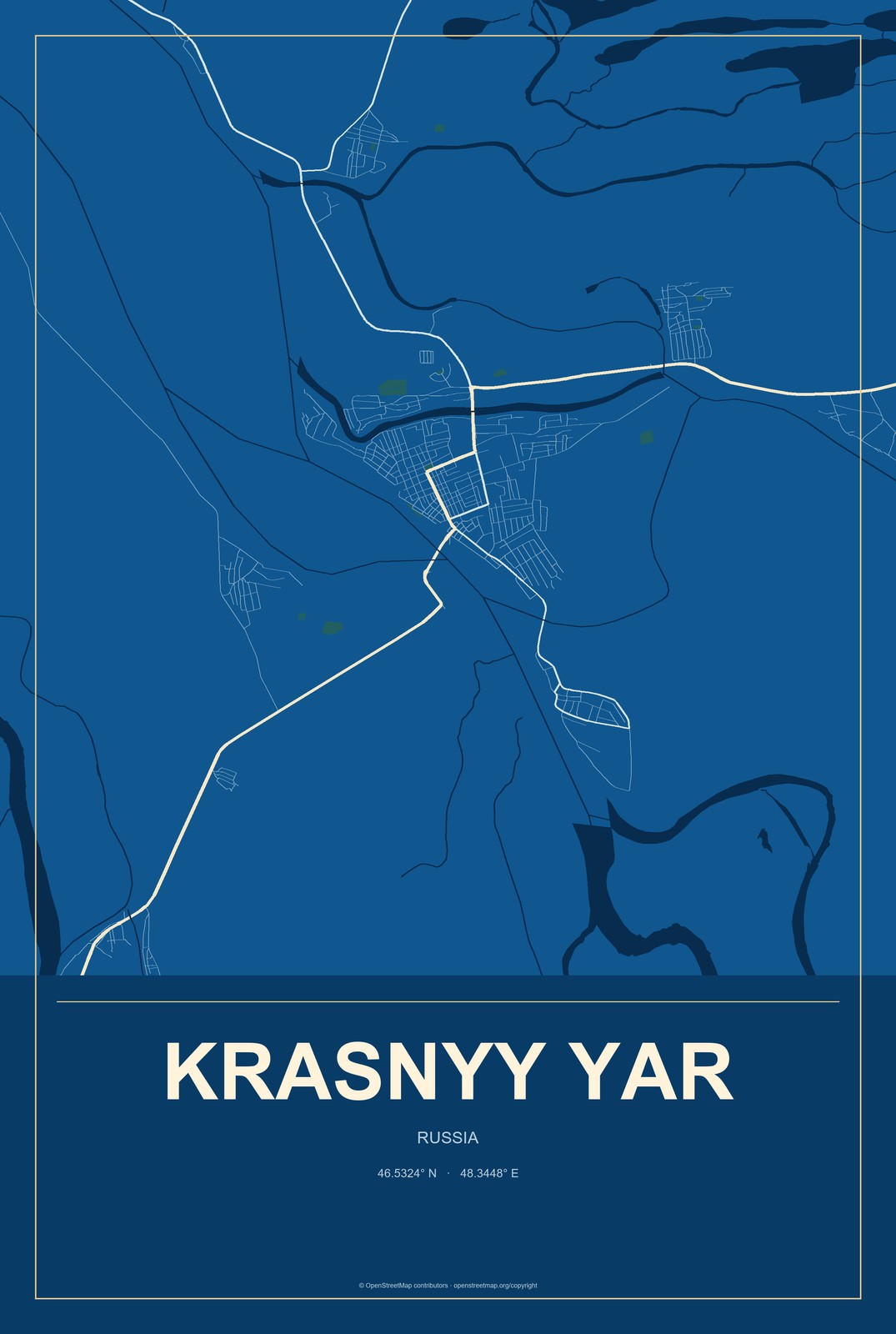 Krasnyy Yar, Russia City Map Aluminum Sign in Harbor Cobalt style