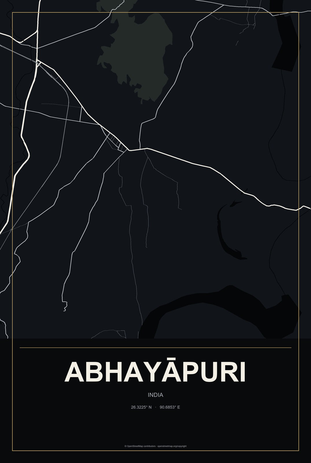 Abhayāpuri, India City Map Aluminum Sign in Metropolitan Noir style