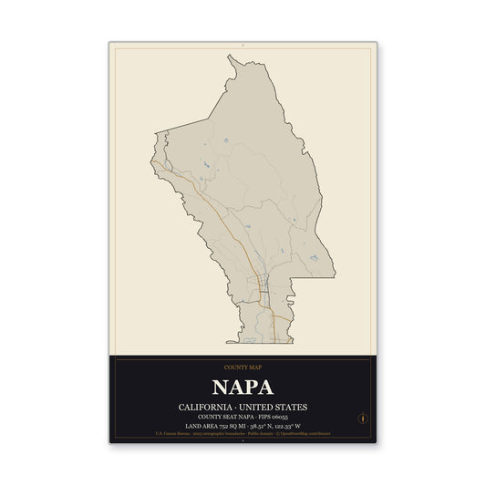 Napa County, California Map Aluminum Sign in Museum Plaque style