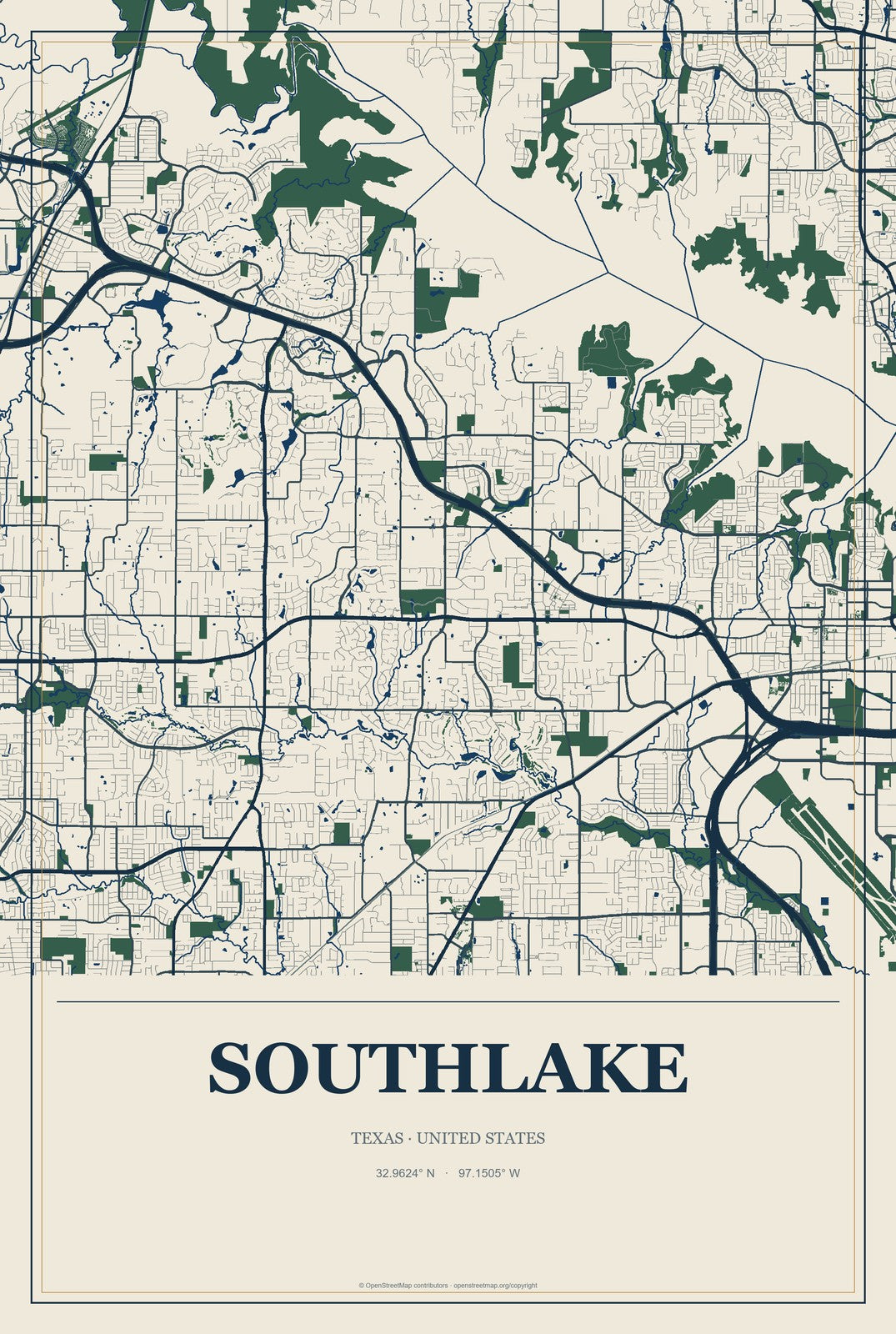 Southlake, Texas City Map Aluminum Sign in Coastal Cutout style
