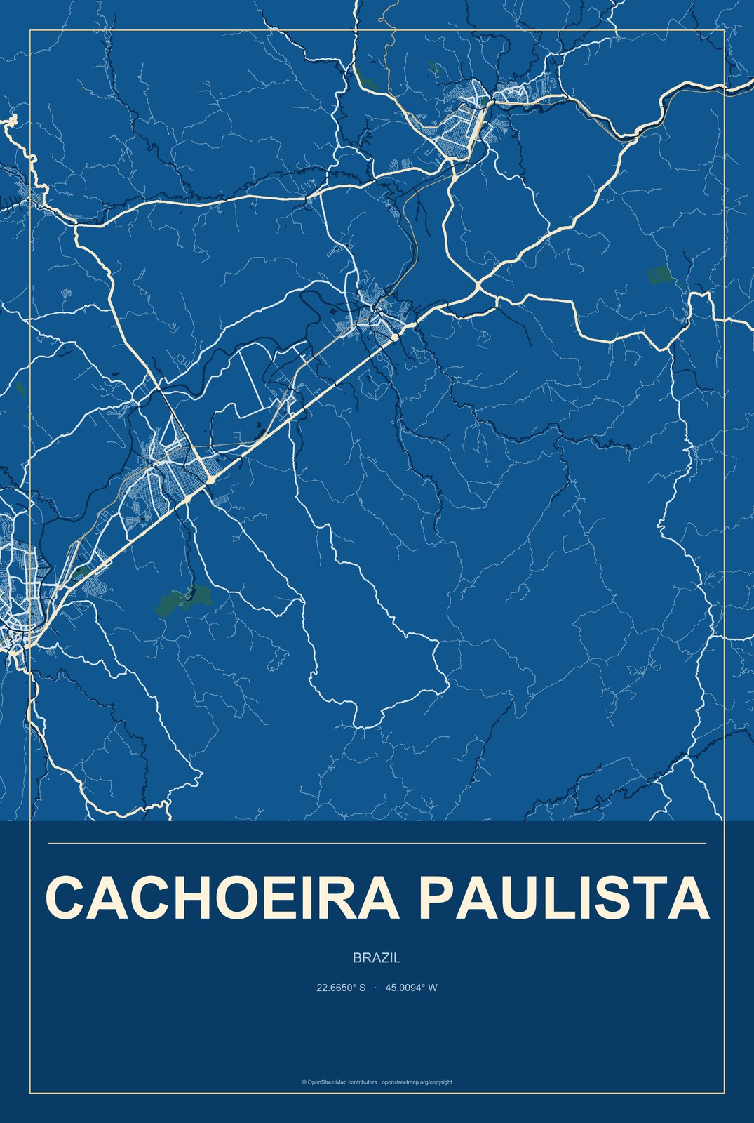 Cachoeira Paulista, Brazil City Map Aluminum Sign in Harbor Cobalt style