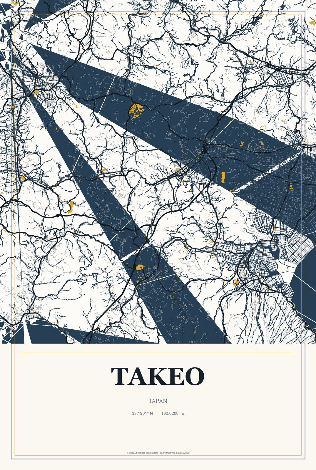 Takeo, Japan City Map Aluminum Sign in Citrine Modern style
