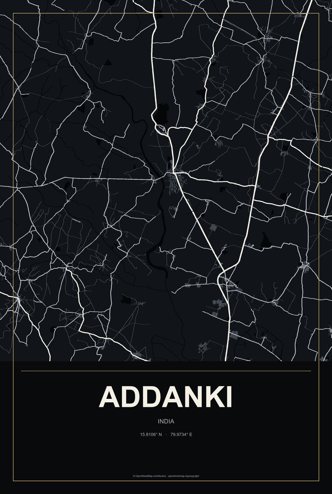 Addanki, India City Map Aluminum Sign in Metropolitan Noir style